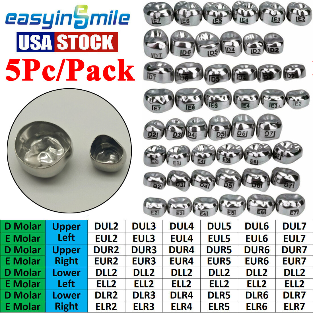 Dental Crown Stainless Steel Primary Molar for Kids Pedo DUL2-DUL7 EUR2-EUR7