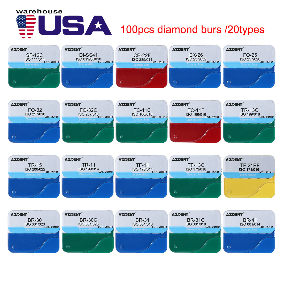 【USA】100Pcs Dental Diamond Burs for High Speed Handpiece Medium FG 1.6MM