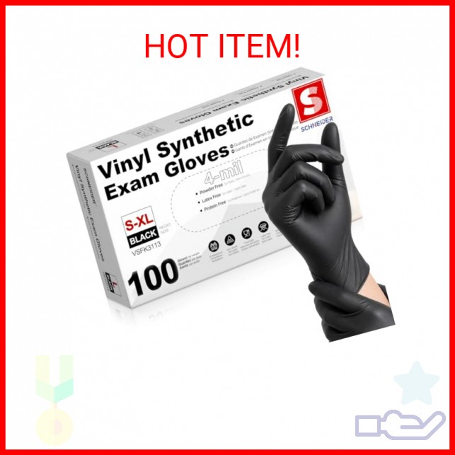 Schneider Black Vinyl Synthetic Exam Gloves, 4 Mil, Large, Disposable Gloves Lat