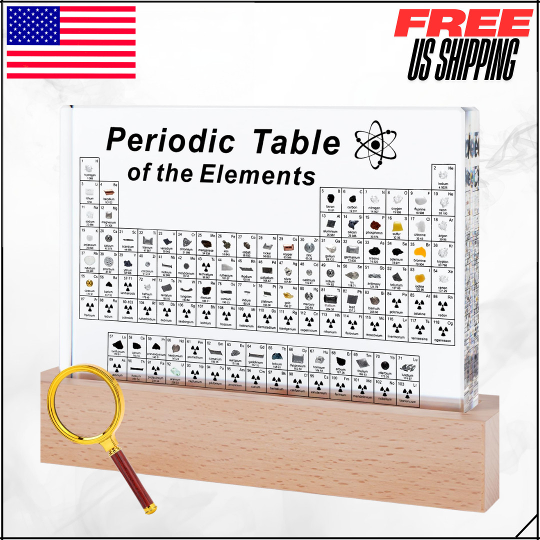 Periodic Table W/ 83 Real Elements Samples Wooden Stand Magnifying Glass 6 X 4″