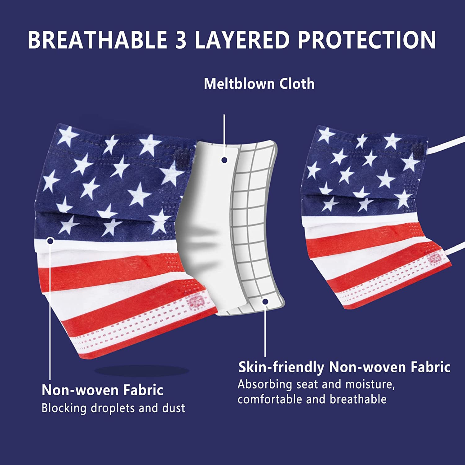 50-PCS USA Flag Face Mask Mouth & Nose Protector Respirator Disposable Masks