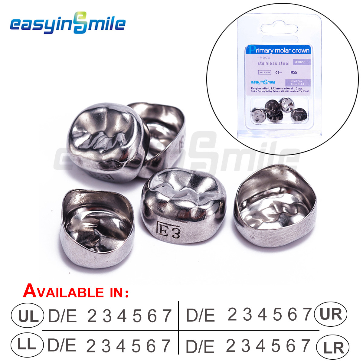 5pc Easyinsmile Dental Kid Crown Stainless Steel Primary D Premolar E Crown[USA]