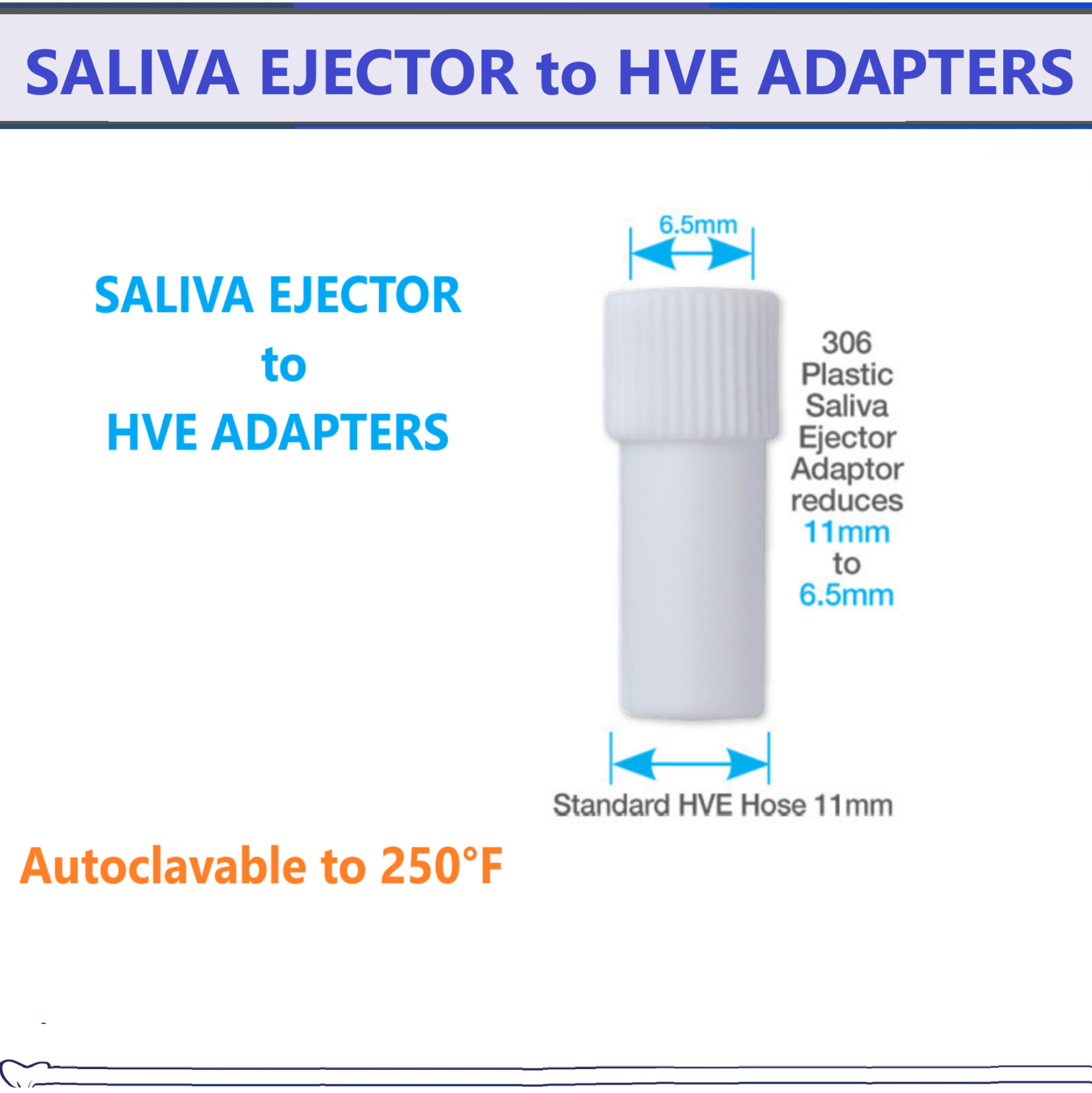 Dental SALIVA EJECTOR to HVE ADAPTERS, White, Autoclavable to 250°F, 5/Pack