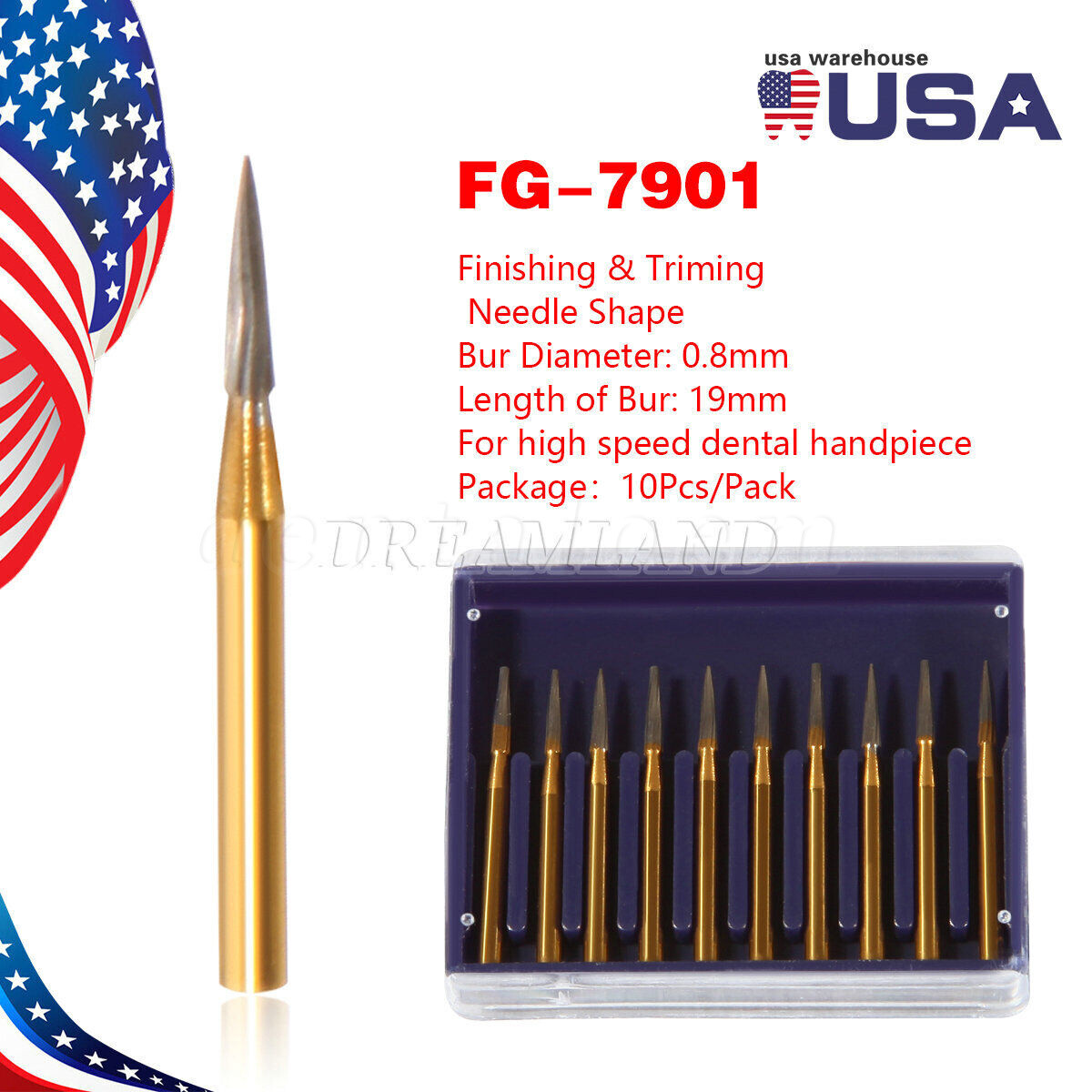 TRIMMING & FINISH DENTAL CARBIDE BURS 12 BLADES FF 7901 NEEDLE 10/PK