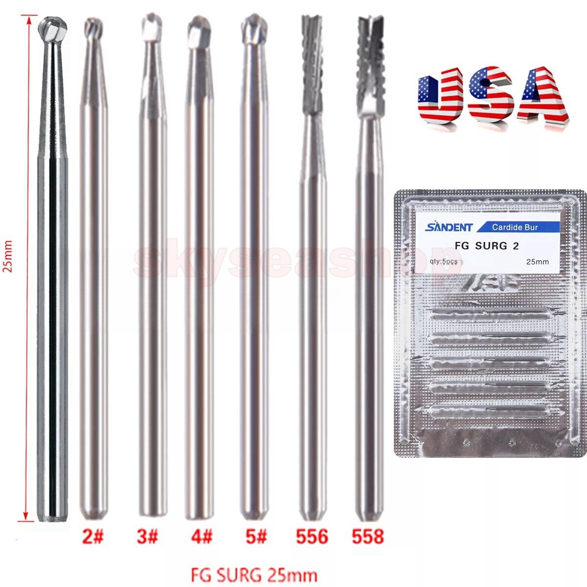 Dental Surgical Burs Round Long 4 556 557 558 330 Carbide Burr High Speed 25mm