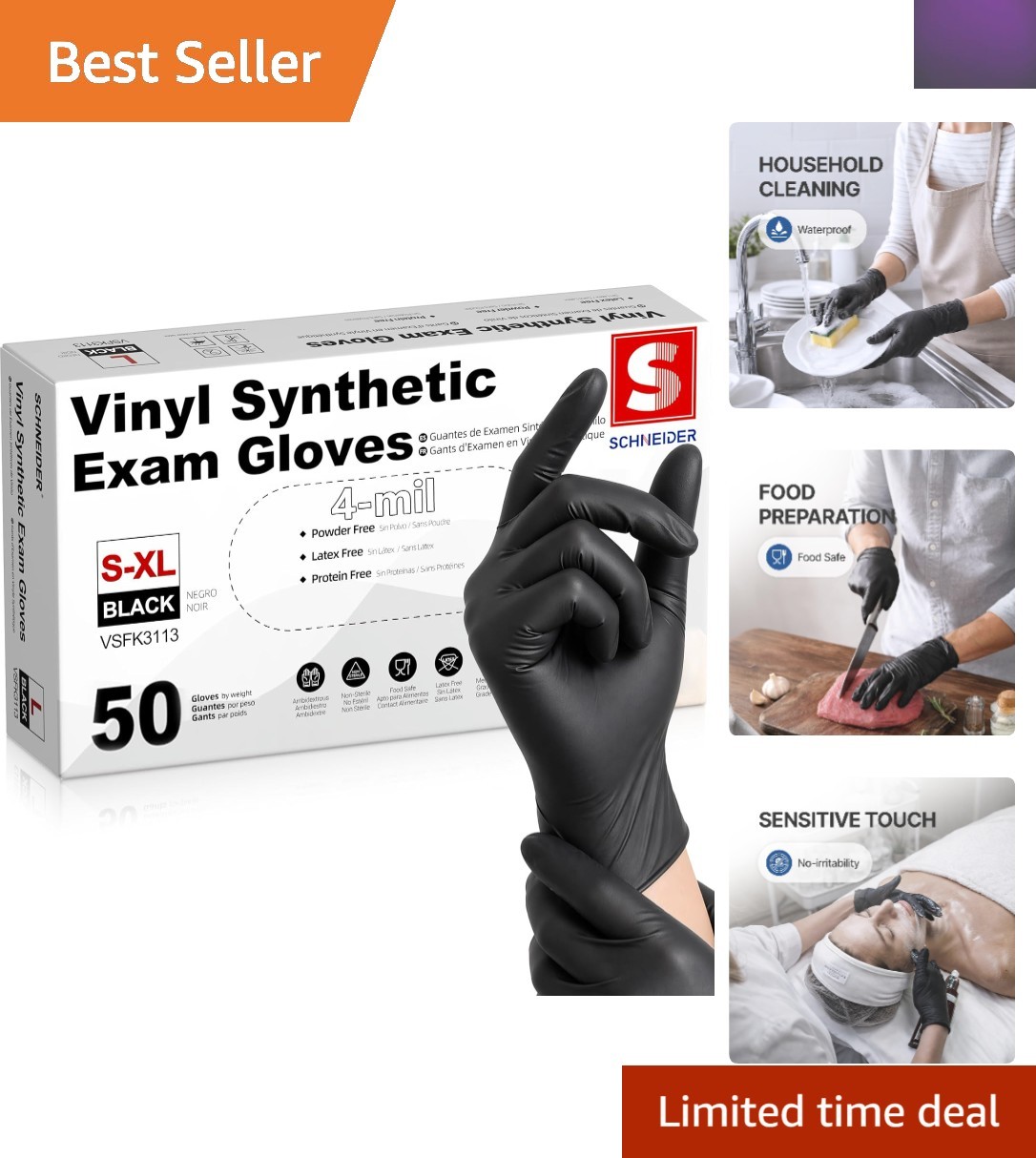 Versatile Vinyl Exam Gloves, 50 Ct, 4 Mil – Black Latex-Free Disposable Gloves