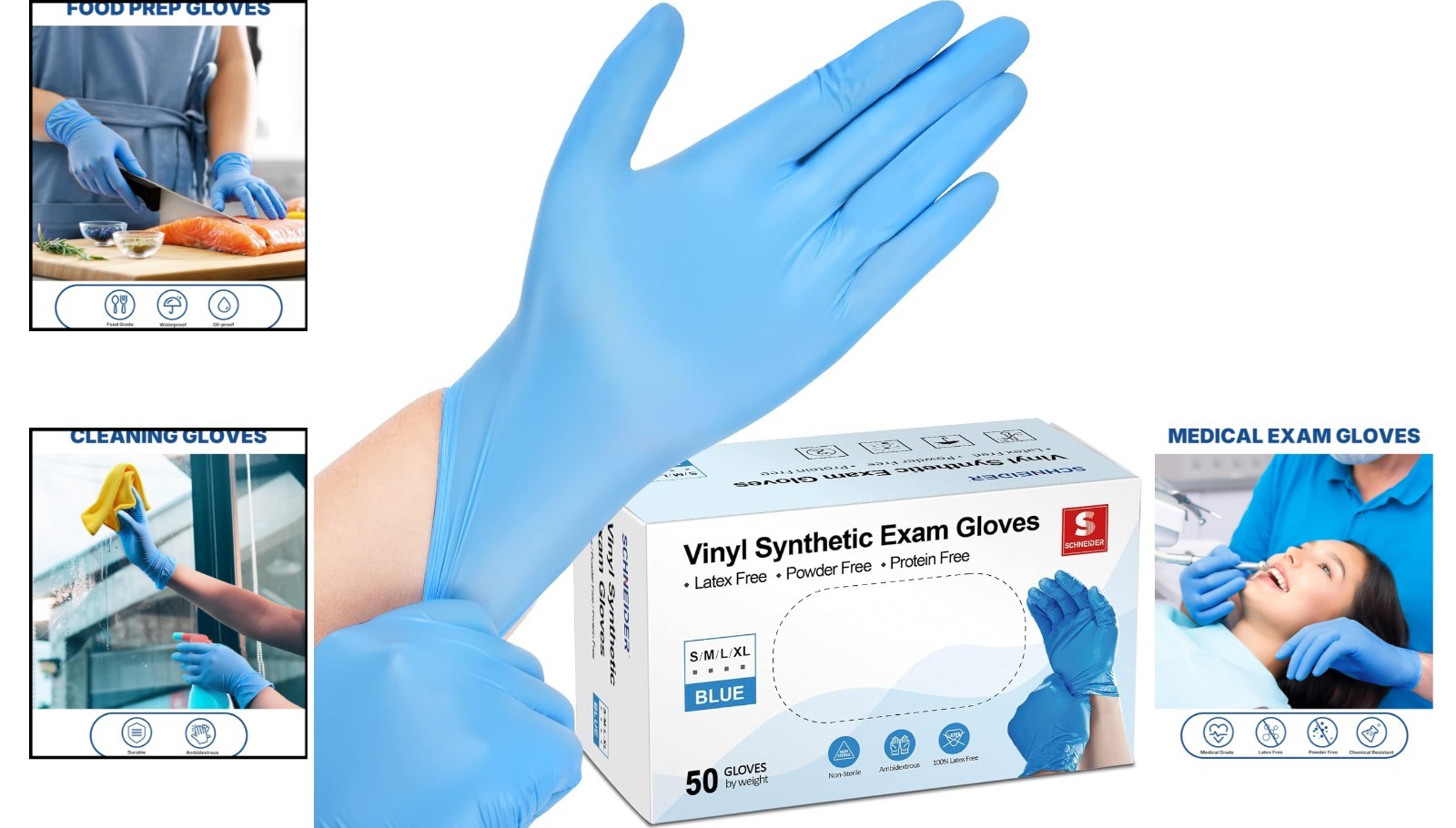 Disposable Vinyl Synthetic Exam Gloves – 4 Mil, Latex Free, 50 Pack – Blue