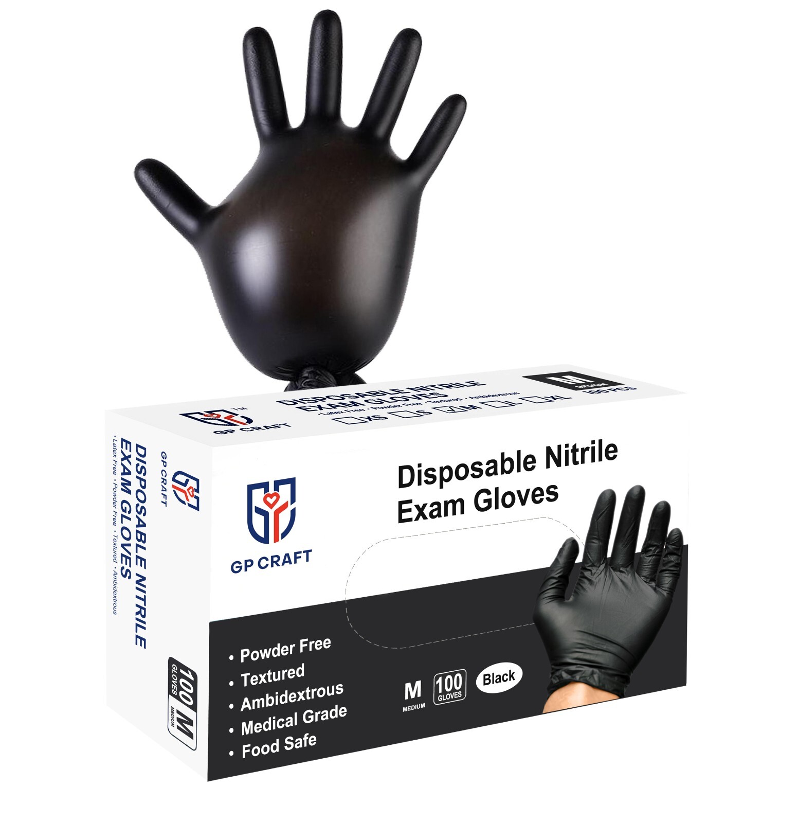 GP Craft Black Nitrile Gloves 5Mil Latex-Free Disposable Food Safe (1000, Case)