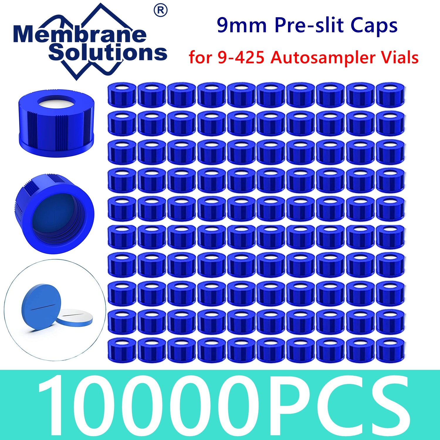 10000pcs Pre-Slit 9-425 Screw-Top Thread Caps 9mm Blue PTFE/White Silicone Septa