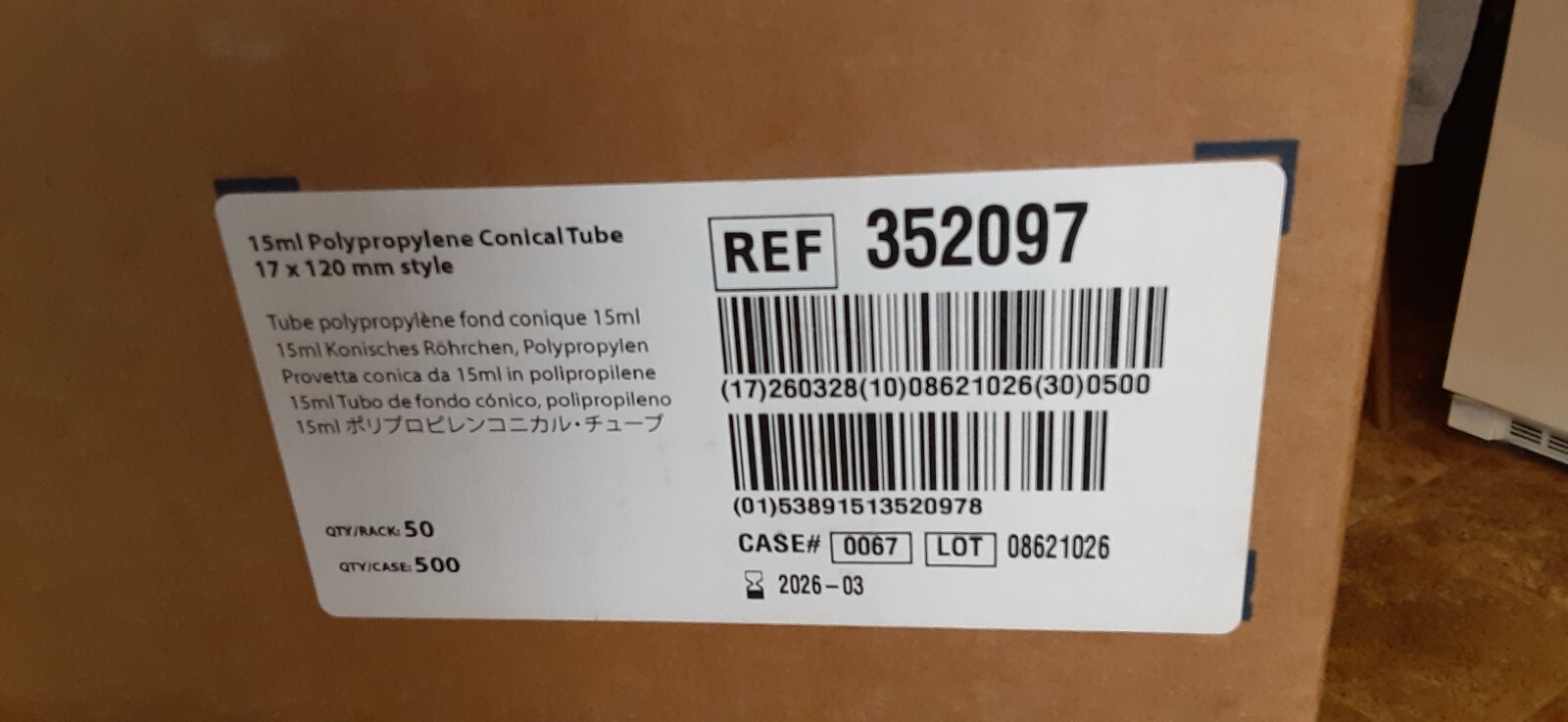 Falcon 15 mL / 17x120mm Conical Centrifuge Tubes (50sealed rack )352097 (EXP 26)