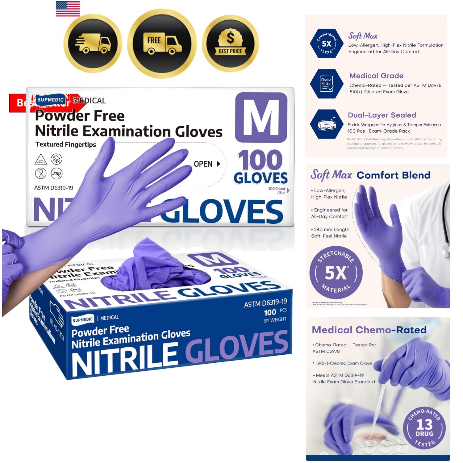 Medical Soft Max Nitrile Disposable Gloves, 100 Ct Latex-Free Powder-Free Foo…
