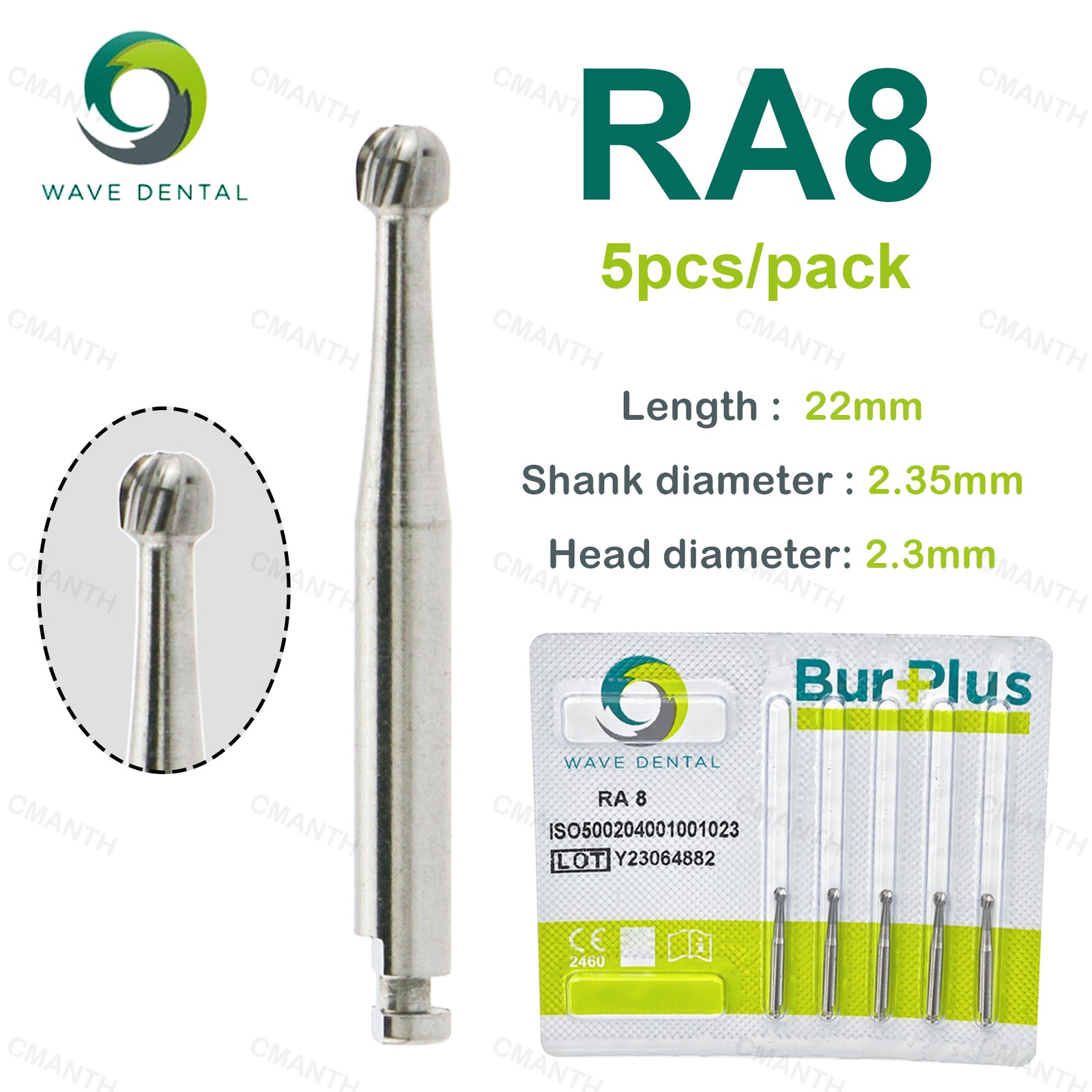 WAVE Dental Tungsten Carbide Burs Round Head RA Low Speed Burs Dia 2.35mm 5Pcs