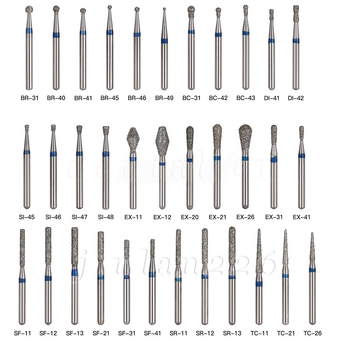 100 Types Dental FG Diamond Burs For High Speed Handpiece Friction Grip 50pcs