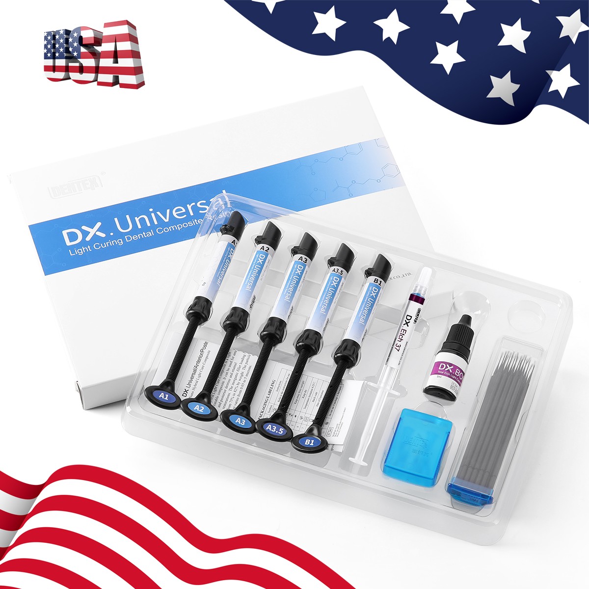 Dental Light Cure Composite Kit 5 Colors A1-A3.5 with Etchant & Bonding Agent