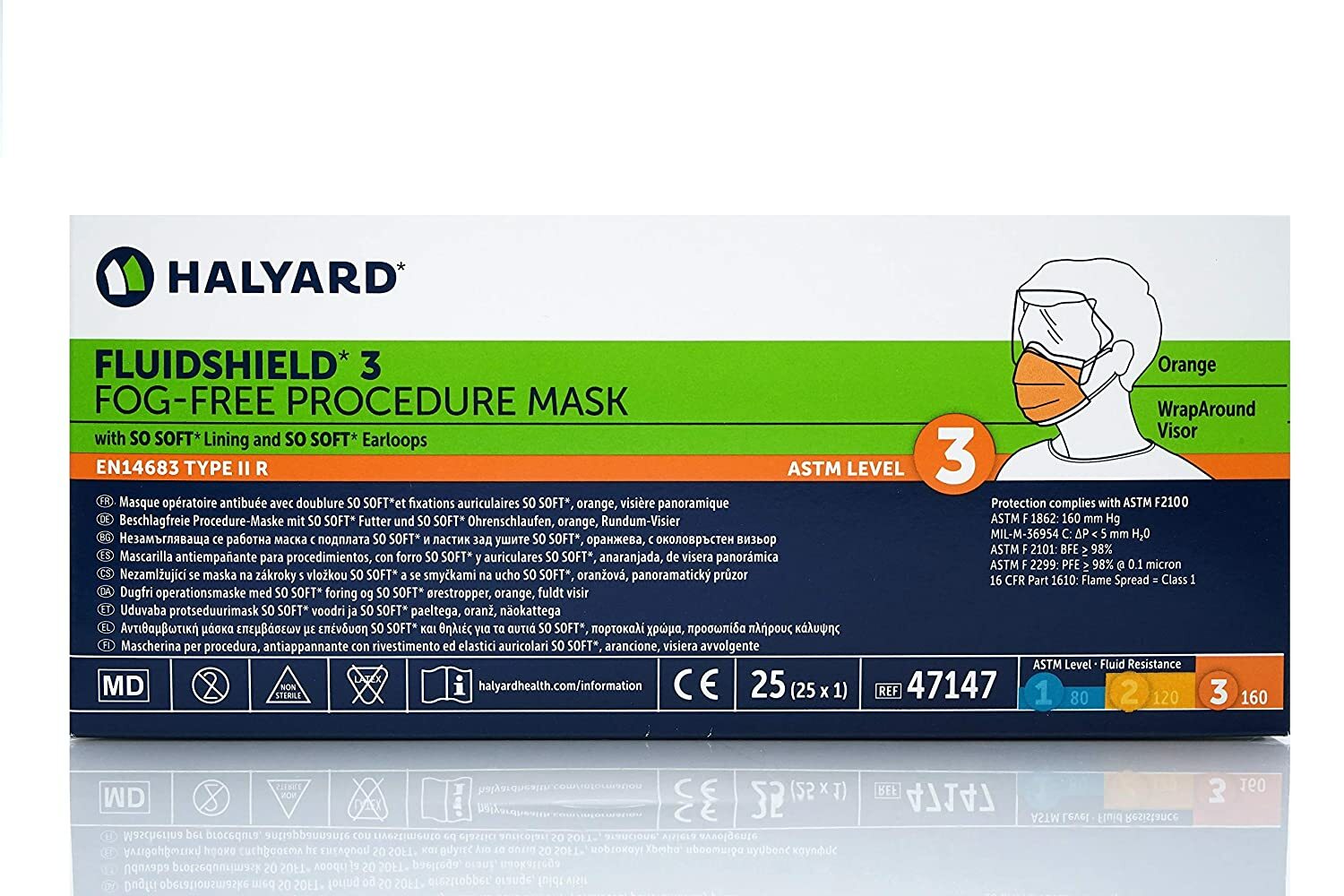 *100-Pieces* Halyard FluidShield Level 3 Visor Procedure Face Mask Orange 47147