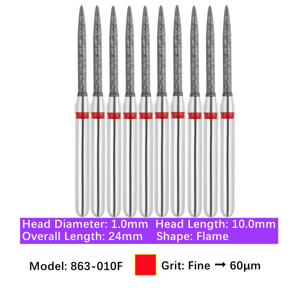 Vakker 10pc Dental 863-010F Fine Grit FG Diamond Burs Friction Grip Flame Shape