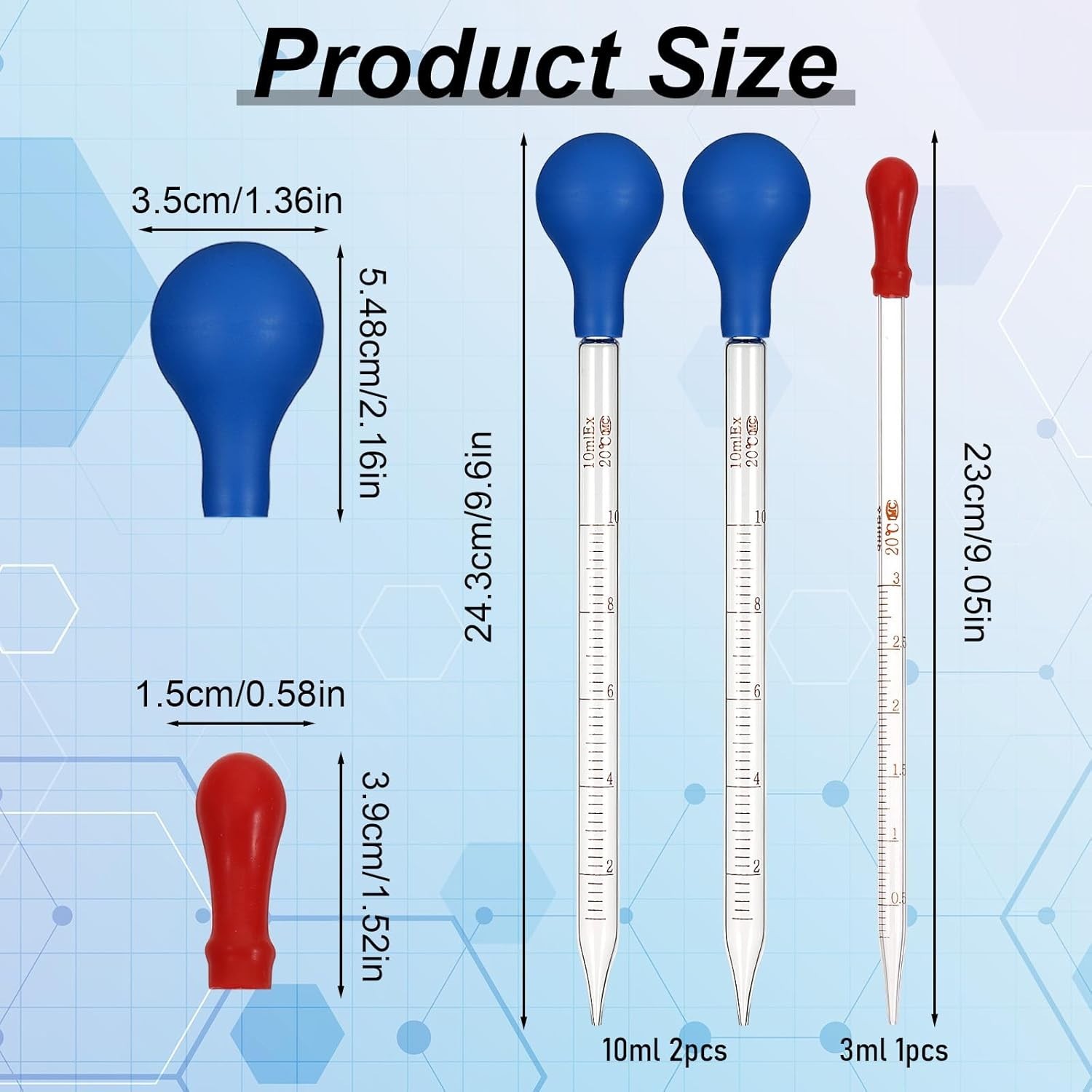 3 Pcs Graduated Glass Dropper for Transfer Liquid Oil (10ml Blue, 3ml Red)