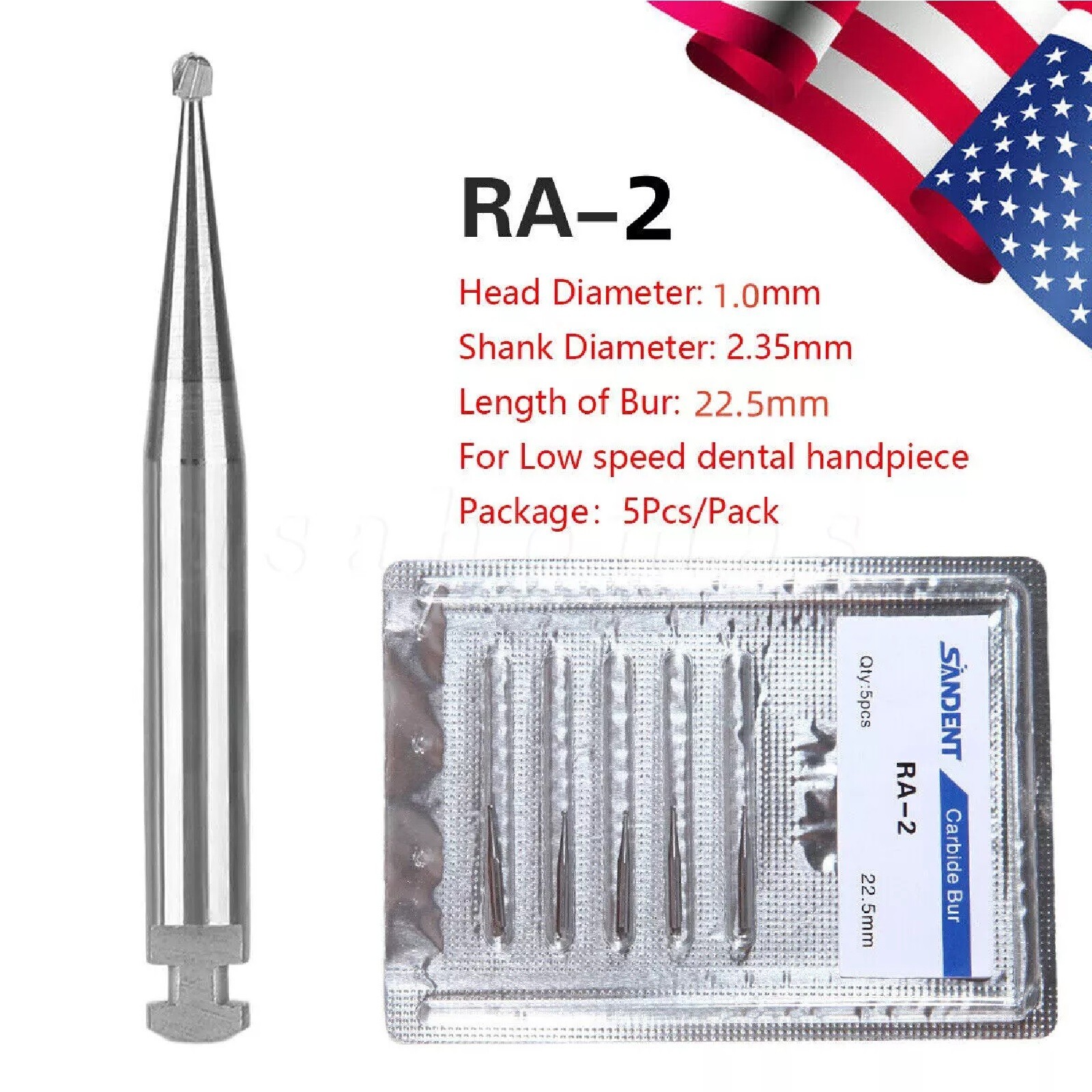 5 pcs/ pack Dental Tungsten Carbide Steel Burs for slow low handpiece RA-2 USA