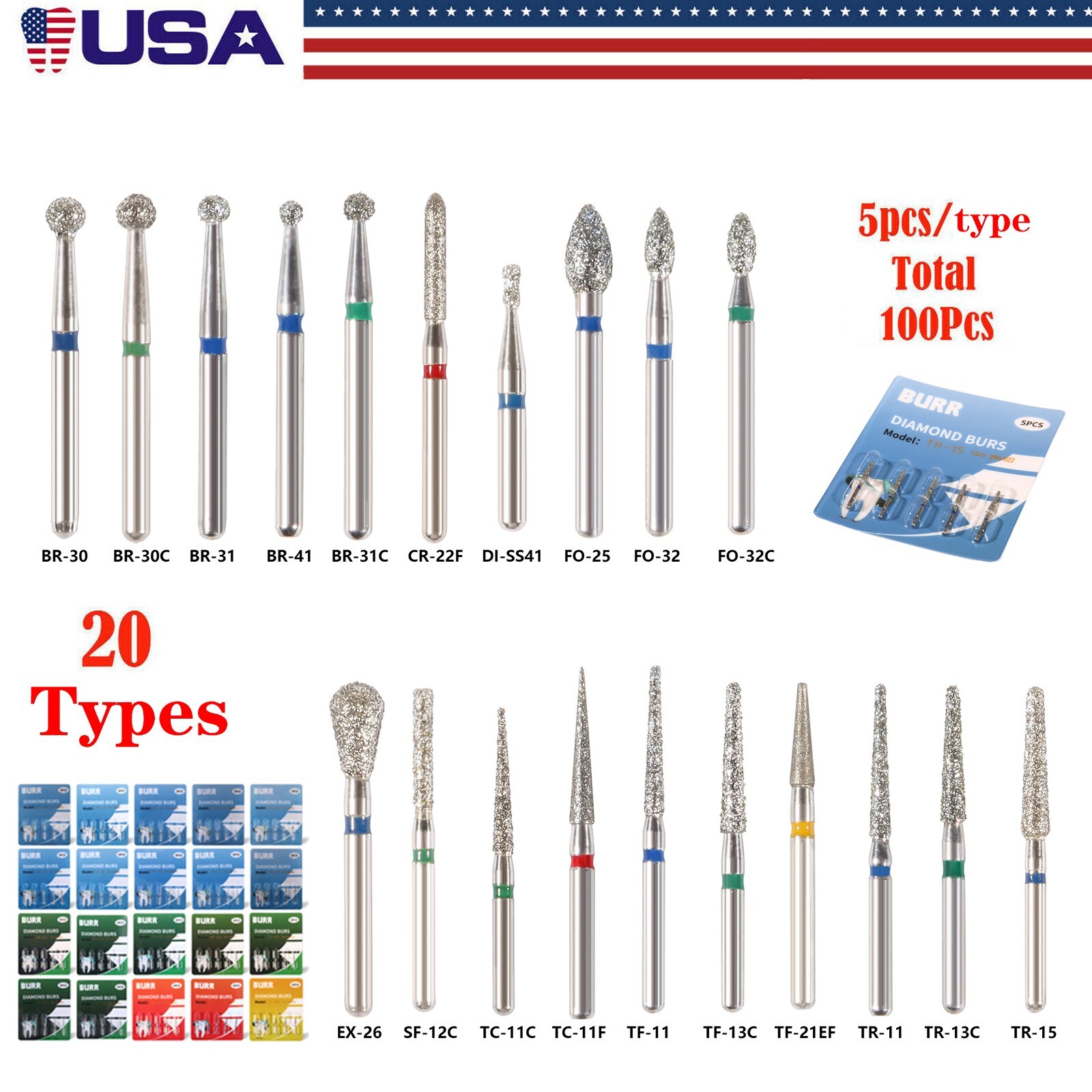 20Types 100Pcs Dental Diamond Burs Drills For High Speed Handpiece Medium FG BUR