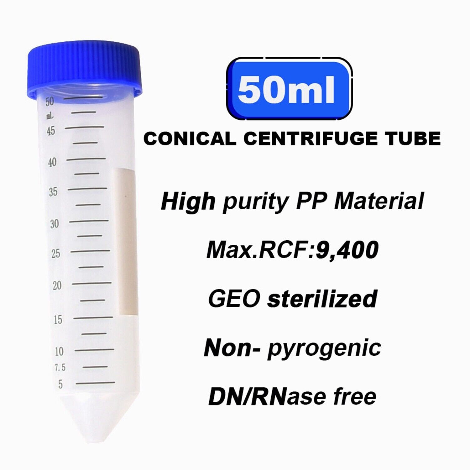 MS@ Conical Plastic Centrifuge Test Tubes 50mL 50Pcs Sterilized White Mark Area