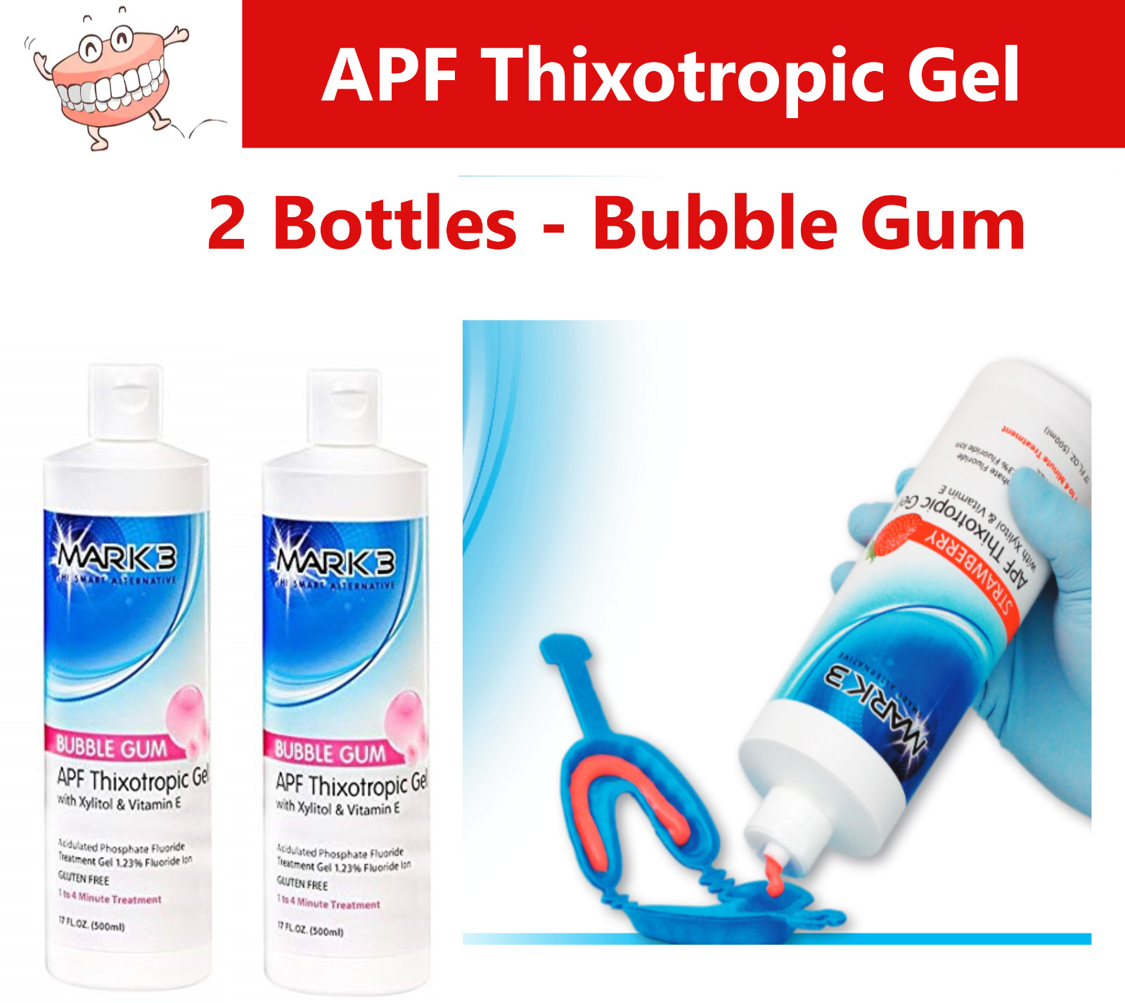 Dental Flouride Gel APF Thixotrophic Fluoride 1.23% 17 Oz, BubbleGum, 2 Btl Pack
