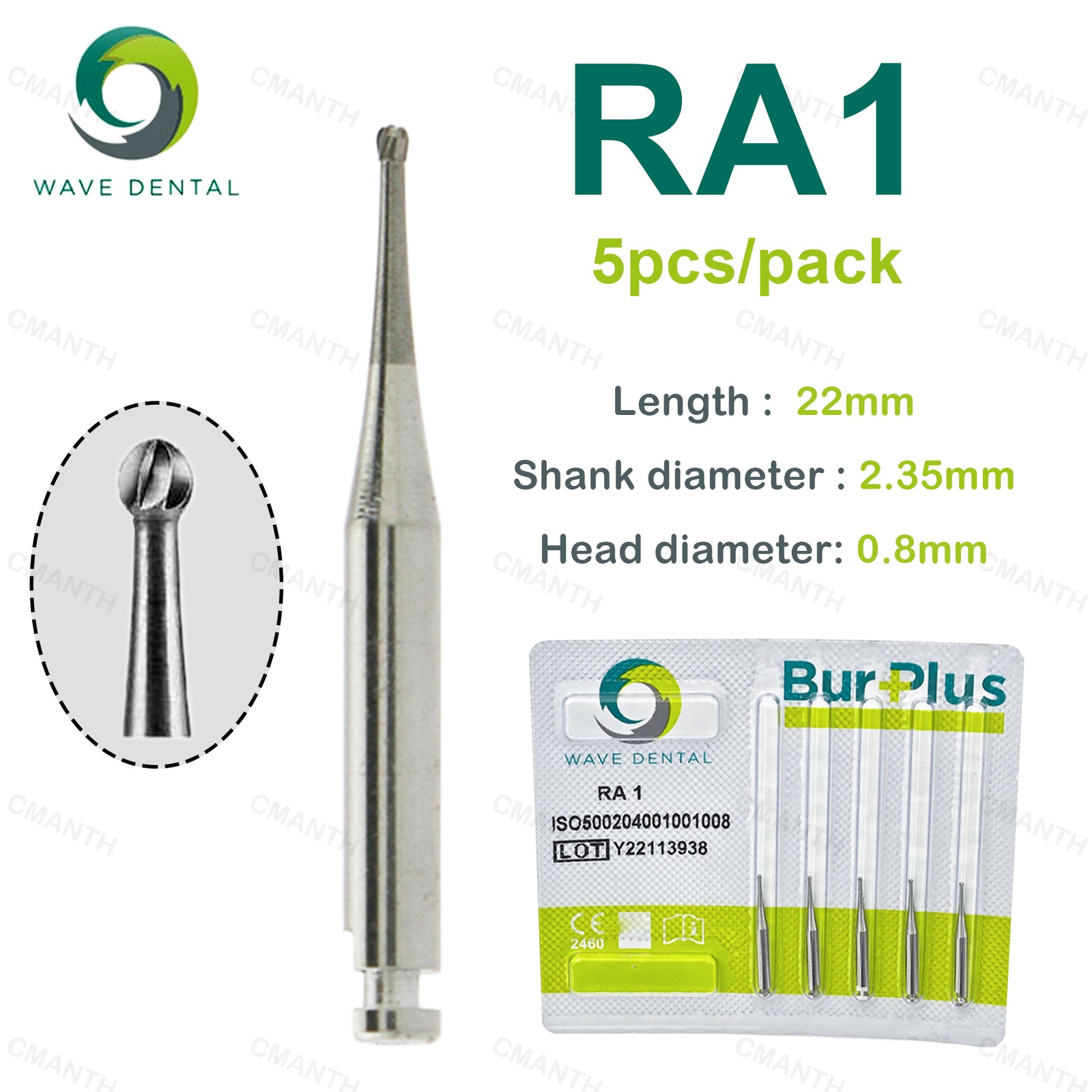 WAVE Dental Tungsten Carbide Burs Round Head RA Low Speed Burs Dia 2.35mm 5Pcs