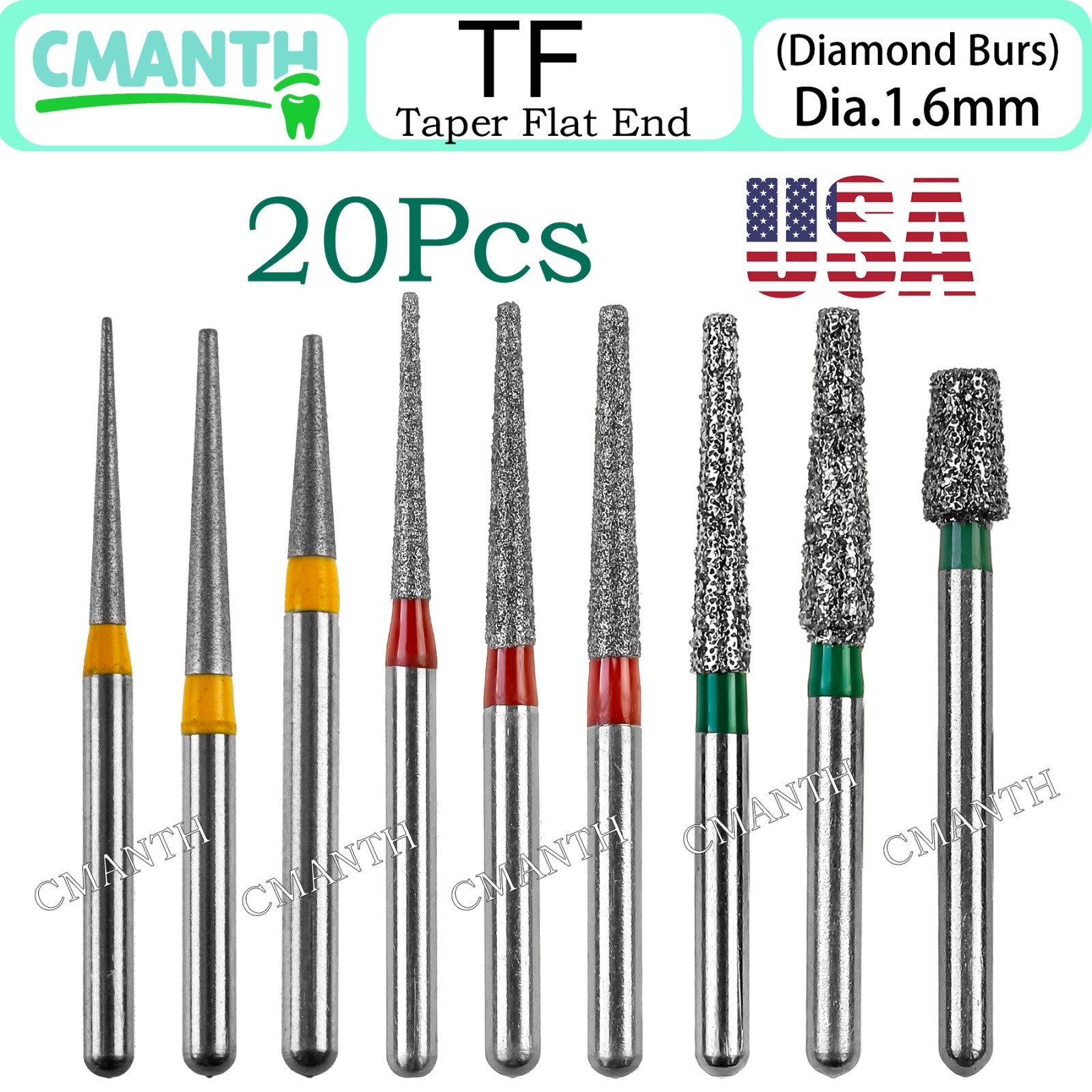 US Dental Burs FG High Speed Diamond Burs Dental Lab Polishing Tools 1.6mm 20pcs