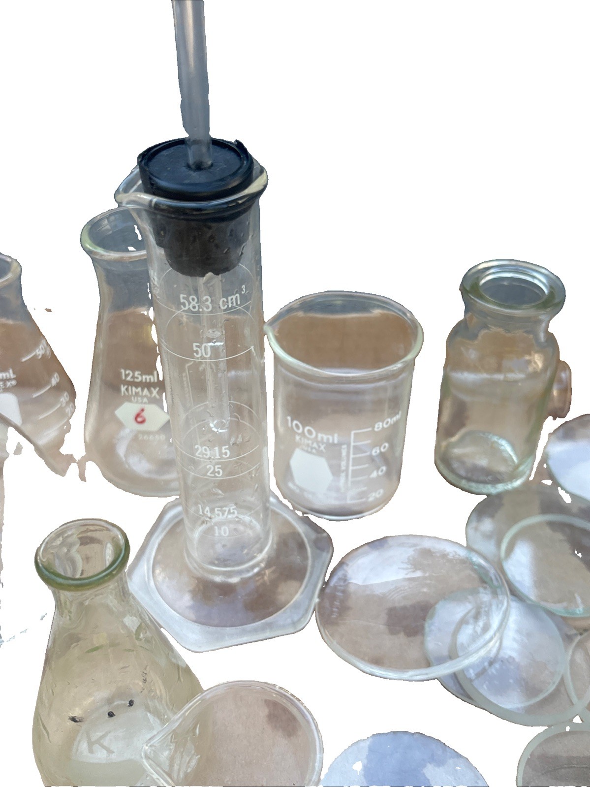 Pyrex & Kimex Glass Vacuum Flasks Beakers Tubes Lids Lab Chemistry Lot