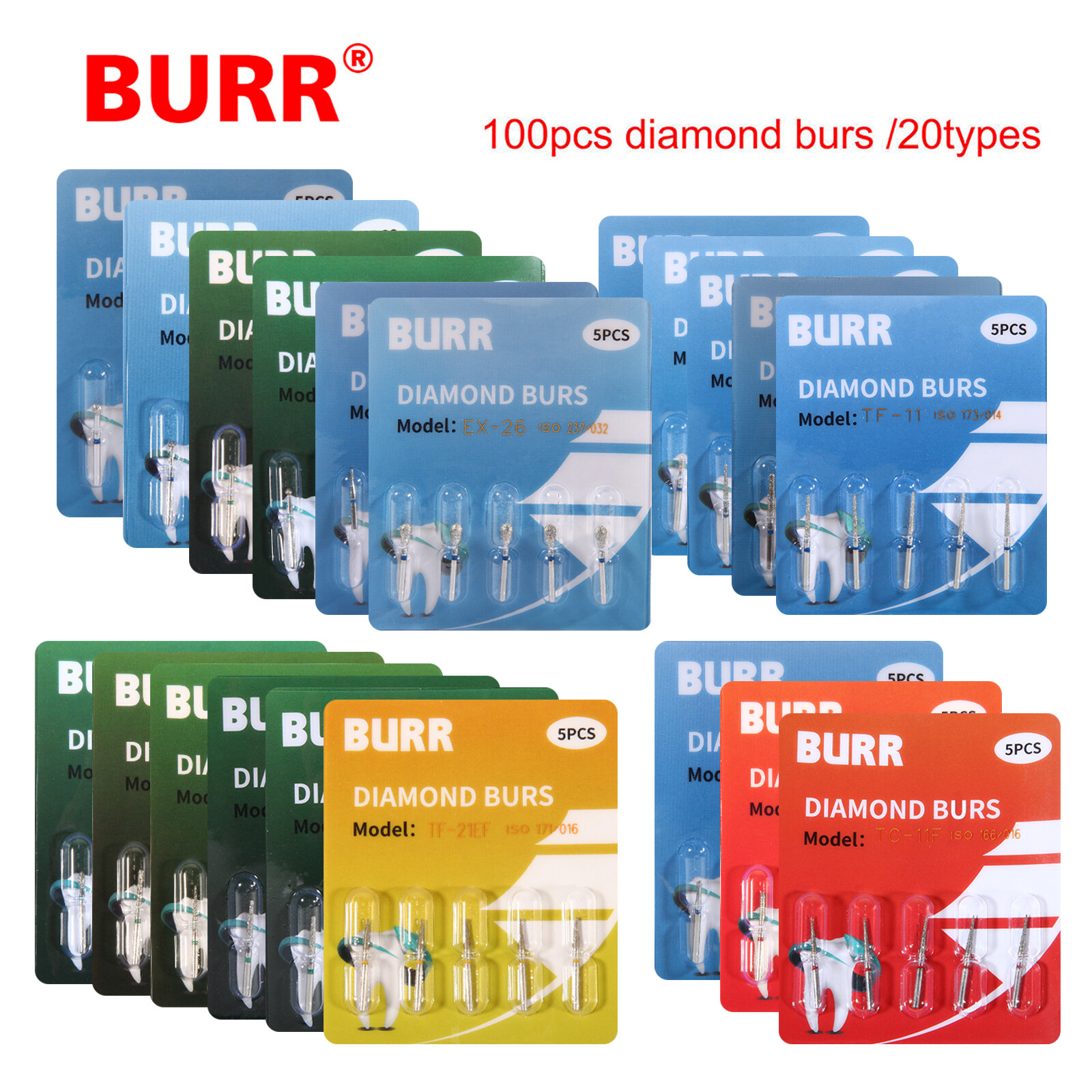 100x Dental Dentist Diamond Bur Bits Drill FG 1.6mm 20 Types USA ZX3