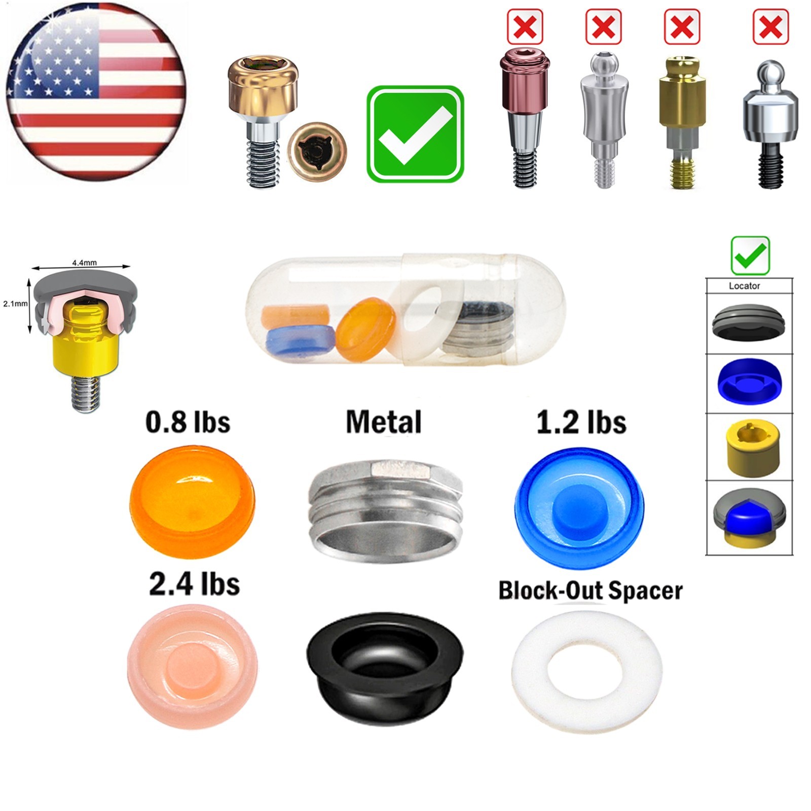 US Dental Overdenture Locator Core Tool Retention Male Caps For Abutment Inserts
