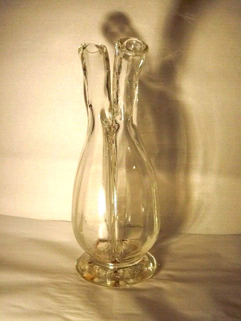 EXTREMELY ODD CONJOINED RIBBED & HORNED BOTTLE MADE IN FRANCE EACH W GLASS STRAW