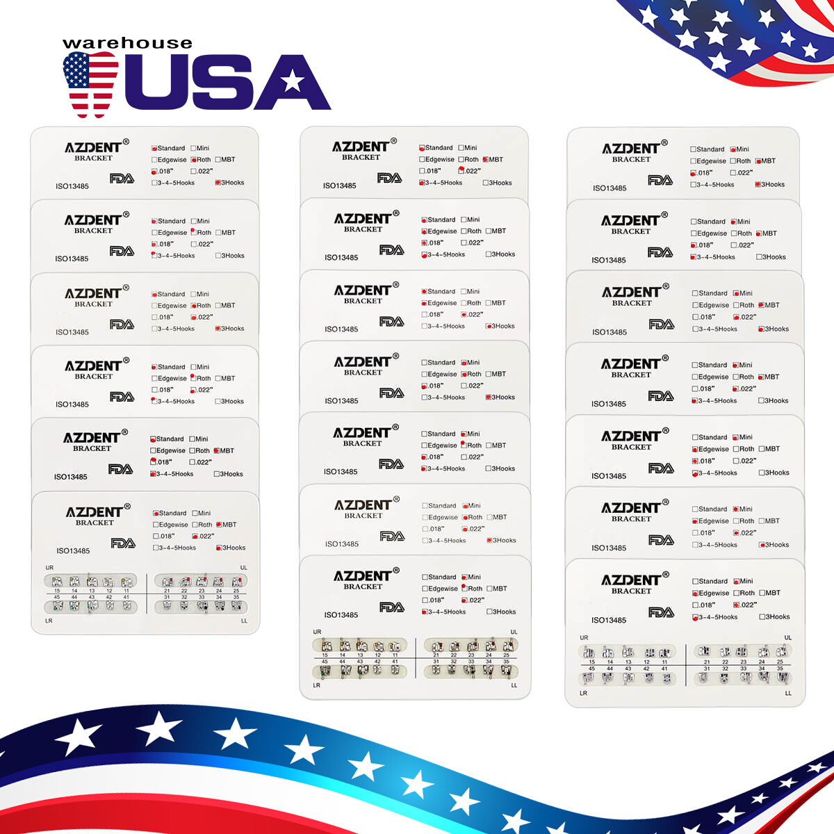 10 Packs AZDENT Dental Metal Brackets Mini/Standard MBT/Roth 022/018 Hooks 3/345