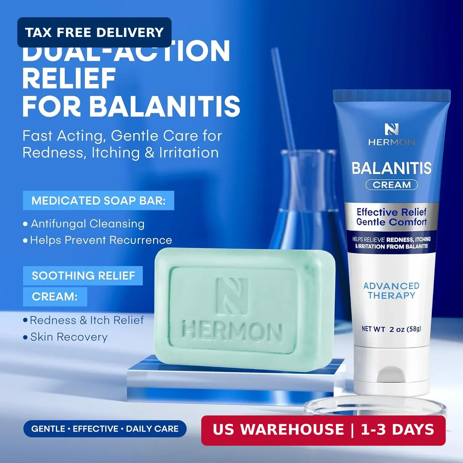 Balanitis Treatment for Men – Relieves Redness & Itching – Cream & Soap 2-Pc Kit