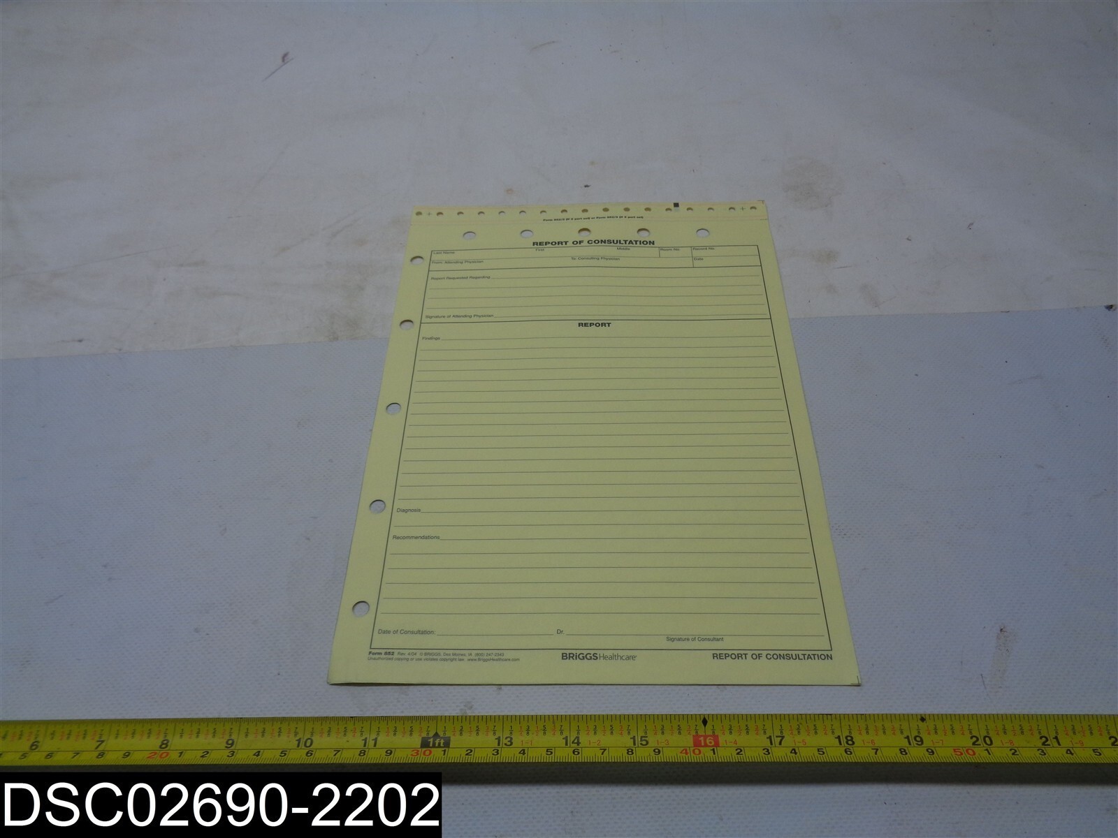 QTY=250 Sheets: 852/3 Briggs Health Care Report of Consultation Forms