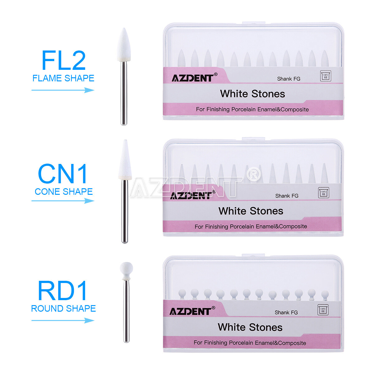 3Type Dental White Stone Polishing Burs FG Aluminum Oxide Flame/Cone/Round Shape