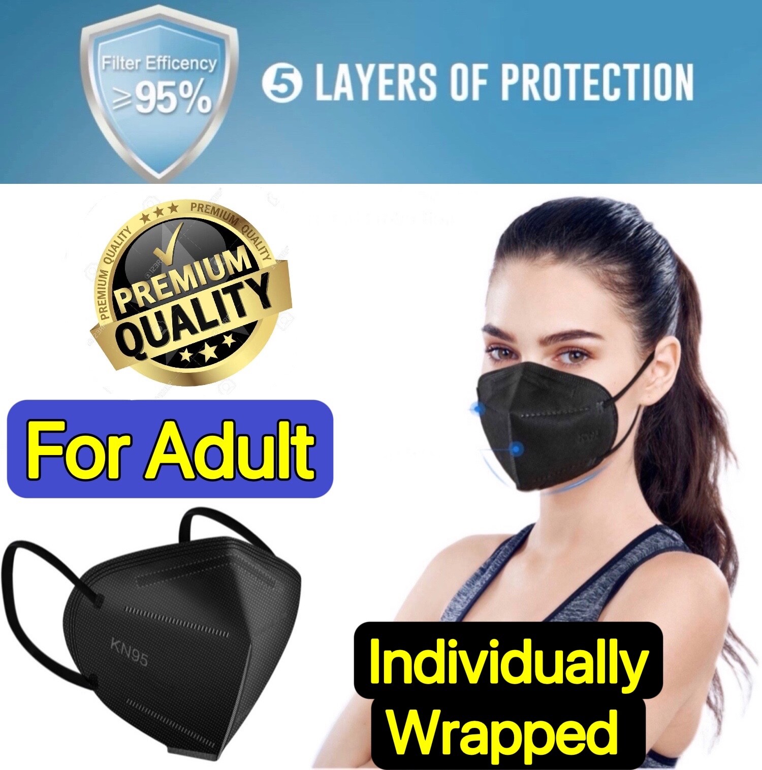 40/10 Pcs Black KN95 Protective 5 Layer Face Mask BFE 95% Disposable Kids Masks
