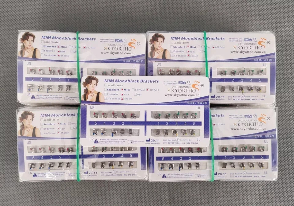 Dental Orthodontic Metal Bracket MIM Monoblock Mini Roth 022 3 Hooks Mesh Base