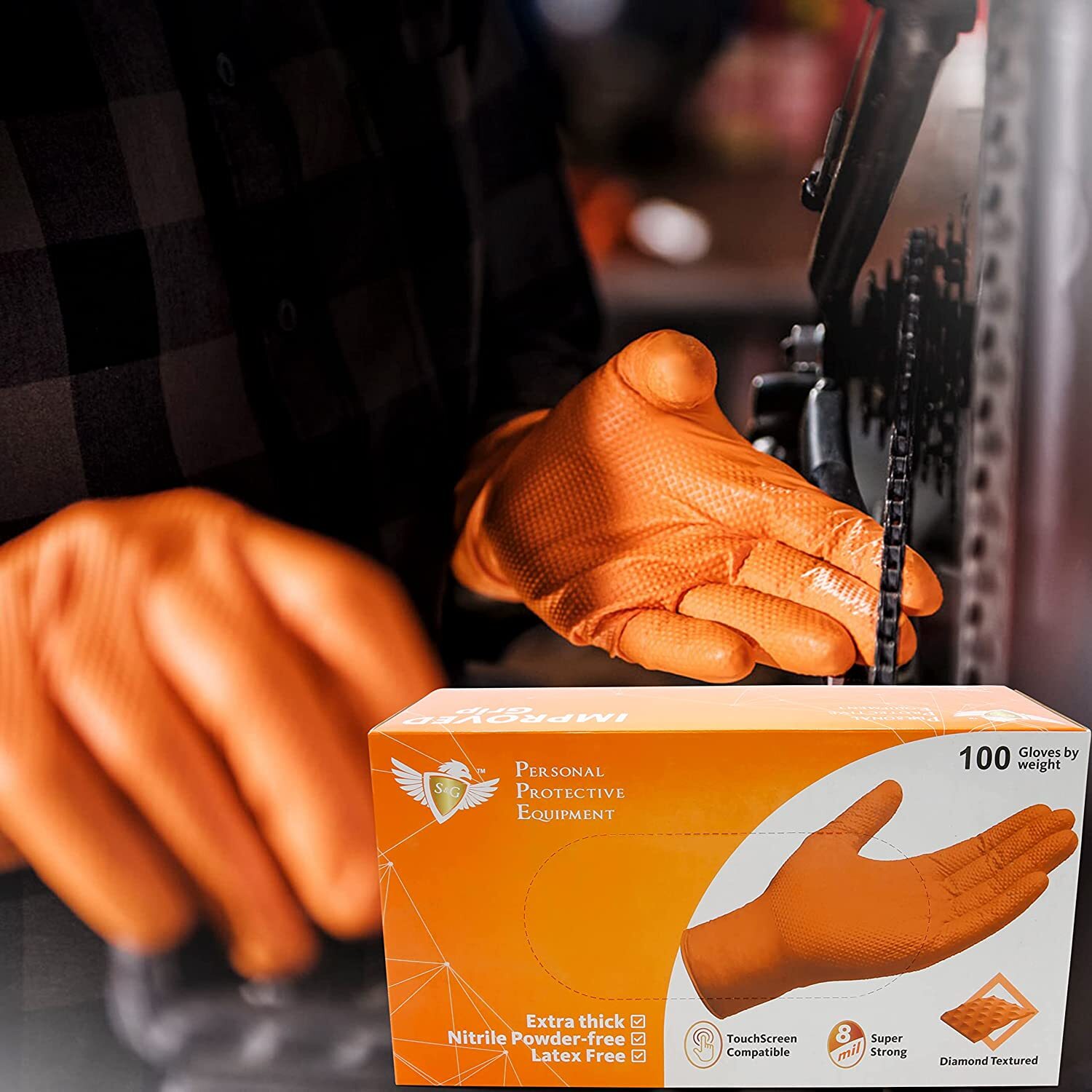 S&G Heavy Duty Orange Nitrile Disposal Gloves Powder Latex Free 8 Mil ML XL XXL