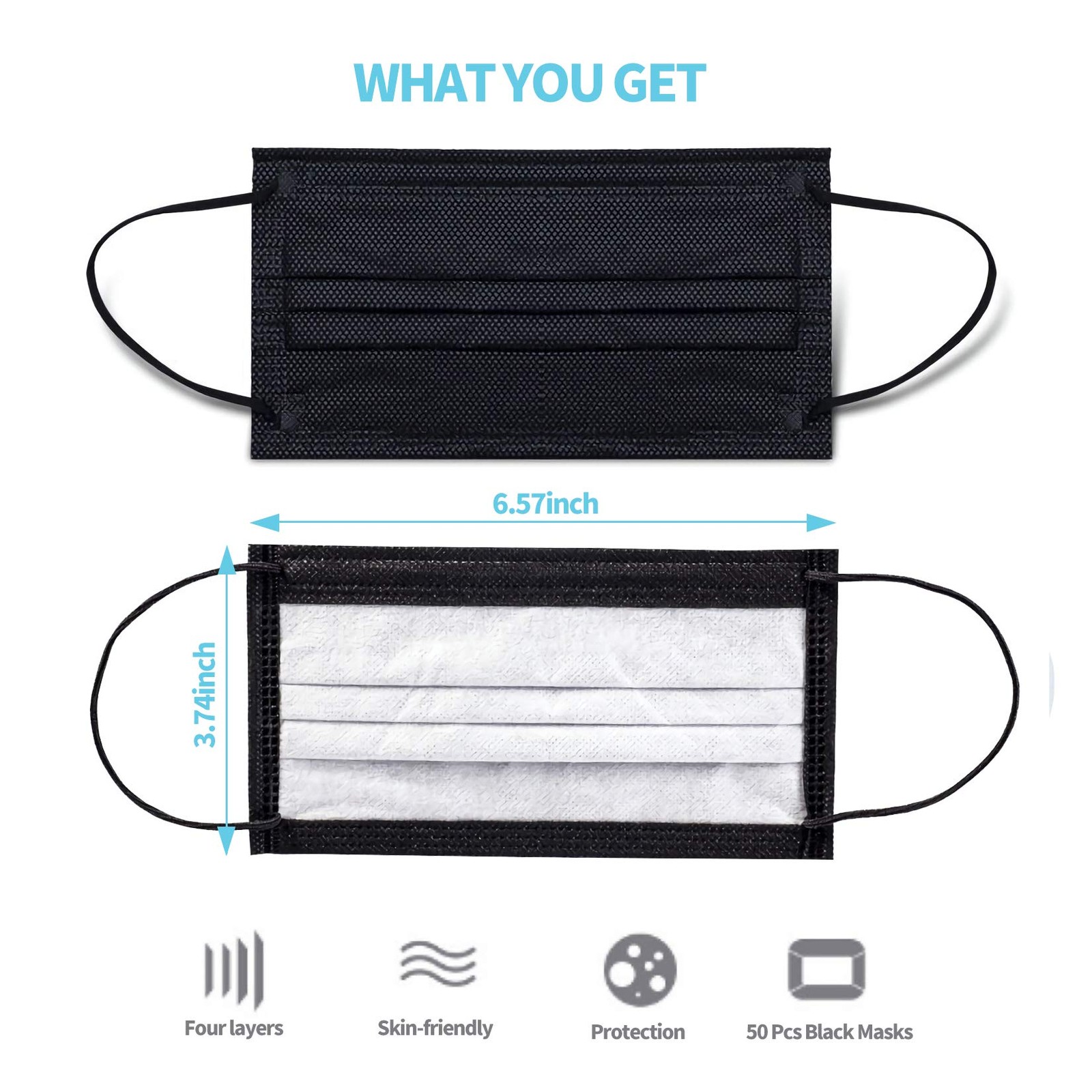 Black Disposable Face Masks 4 Layers Protection 50Pcs, Breathable Dust Mask M…