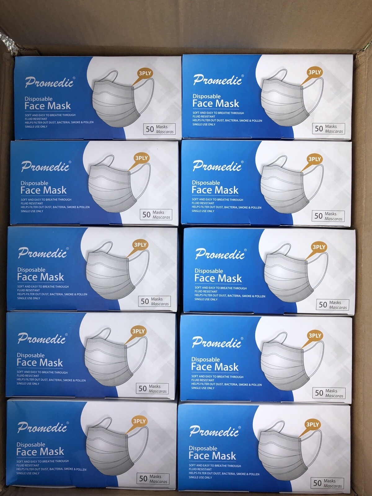 50Pcs Disposable Fluid Resistant, Filtering Protective 3 Layer Face Masks.