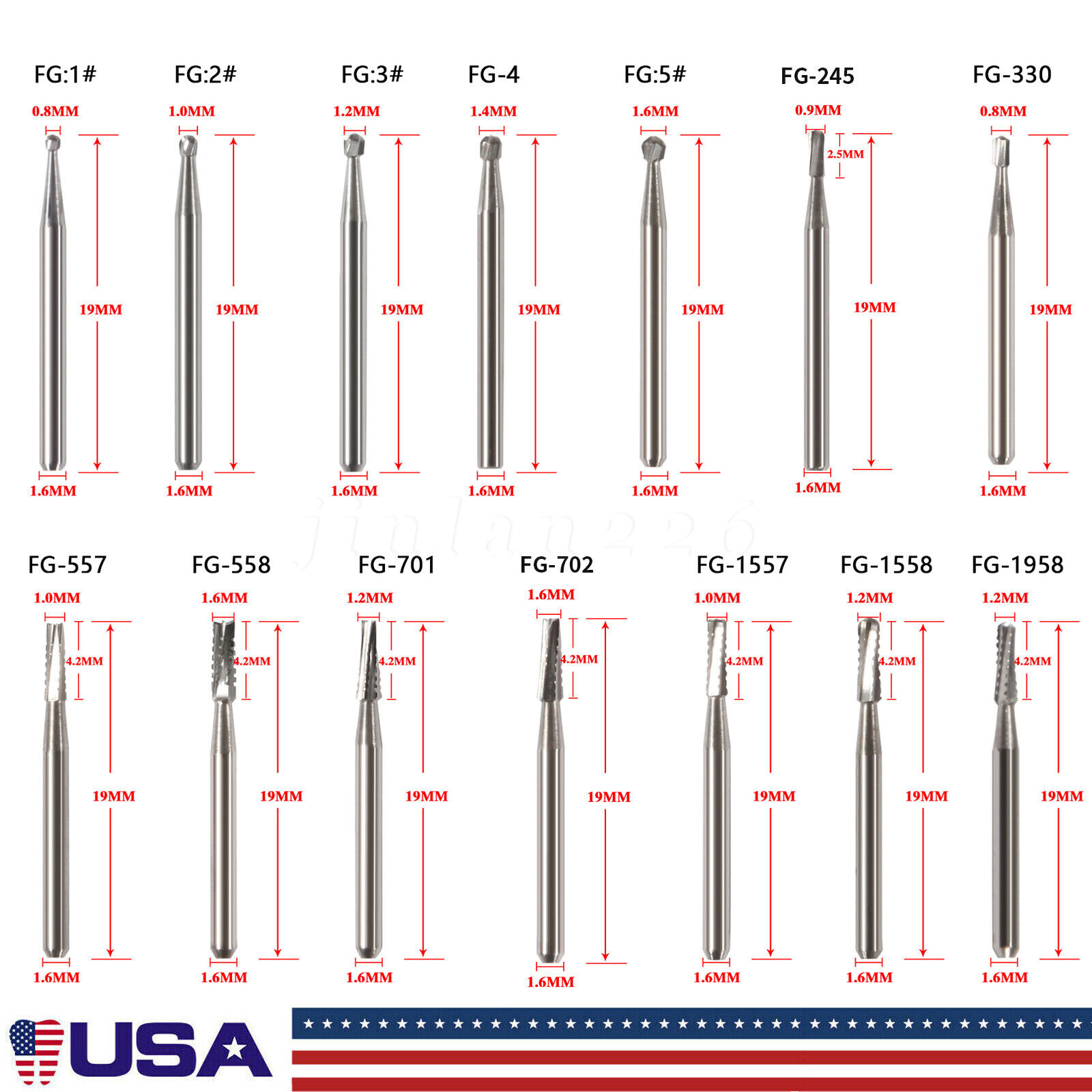 10Pc Dental Carbide Bur Inverted Cone For High Speed Handpiece FG Round Friction