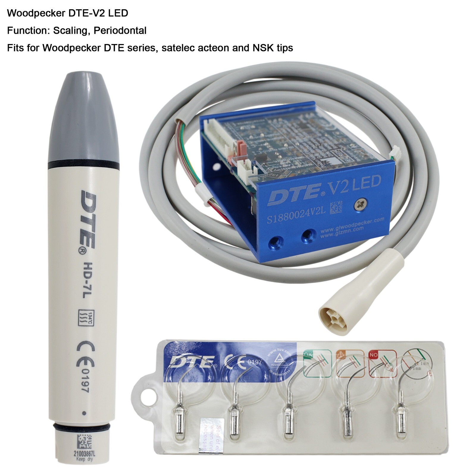 Woodpecker DTE Dental Ultrasonic Scaler Piezo Tips DTE-V2 V3 LED Handpiece HD-7L