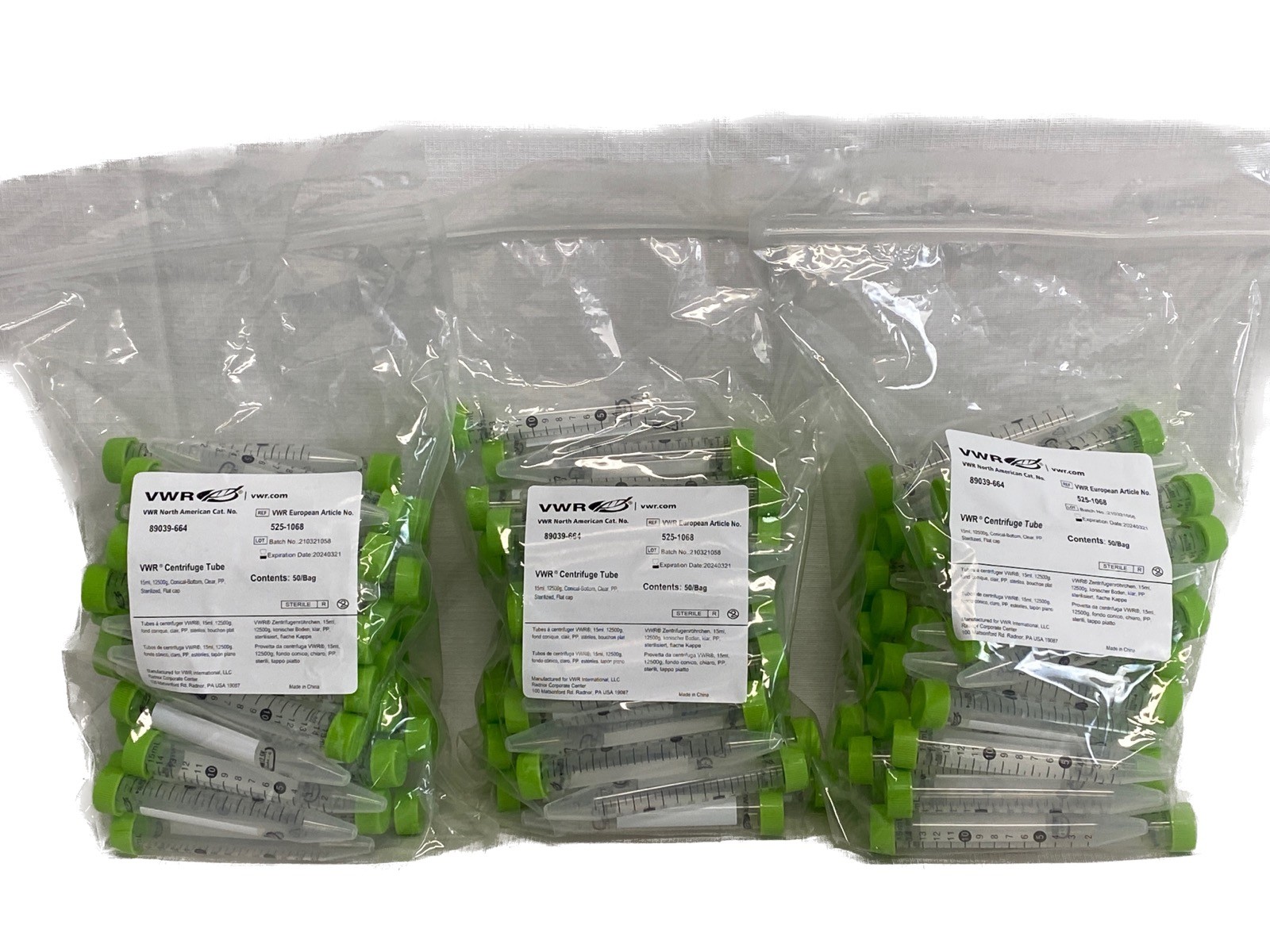 (150) VWR 15mL PP Graduated High Performance Centrifuge Tubes w/Caps 89039-664