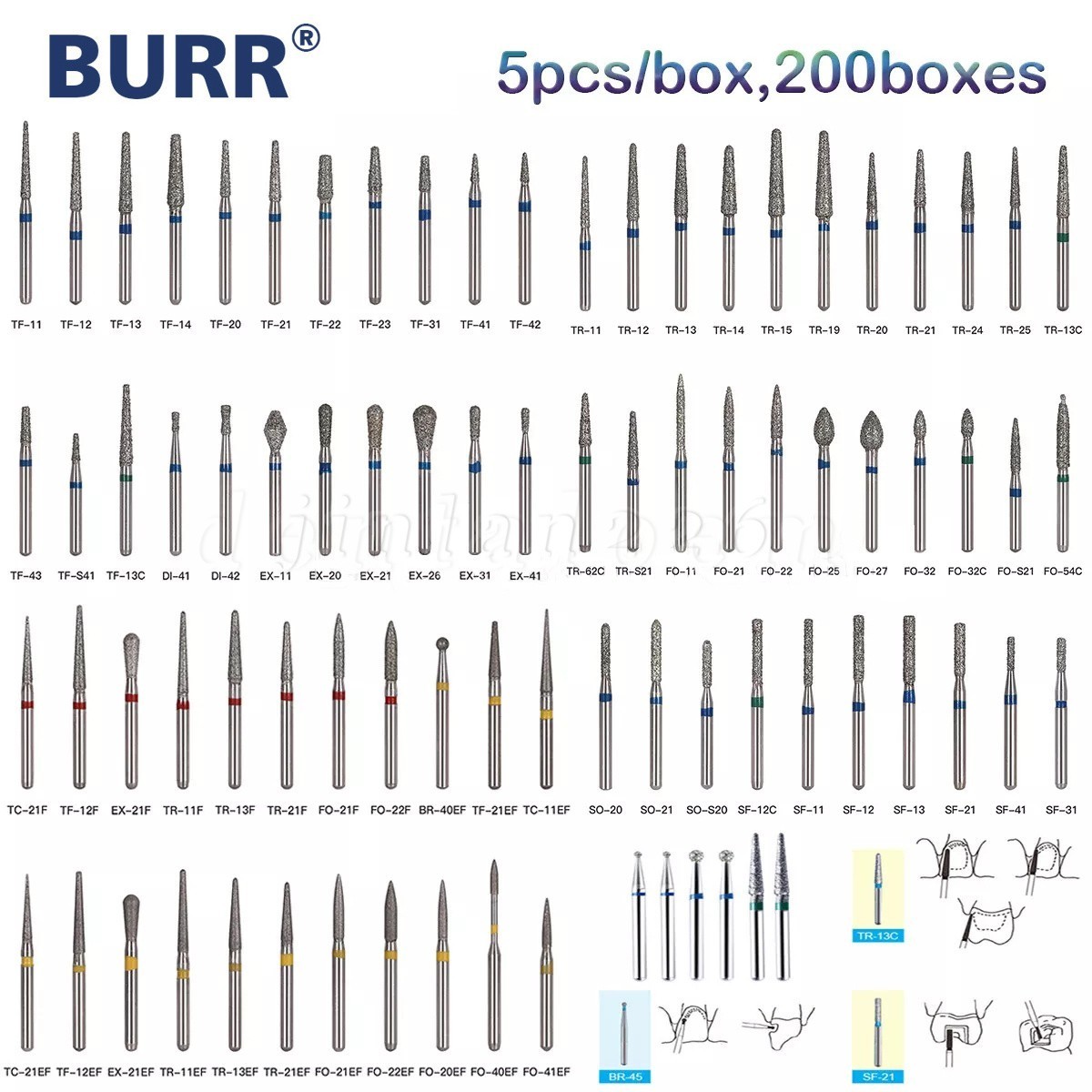 100 Types Dental FG Diamond Burs For High Speed Handpiece Friction Grip CE