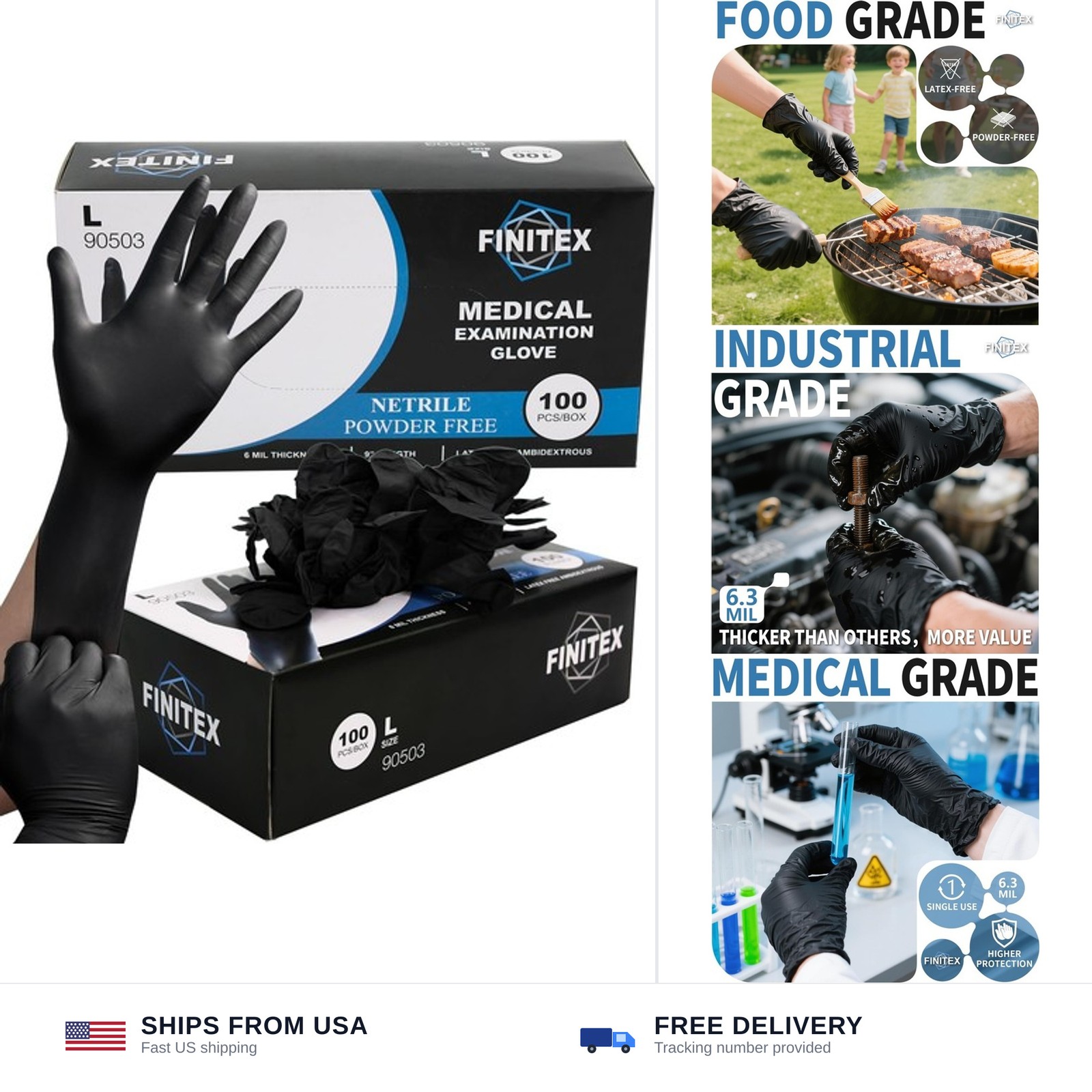 FINITEX Black Nitrile Disposable Medical Exam Gloves – 100/1000 PCS 6.3mil Po…