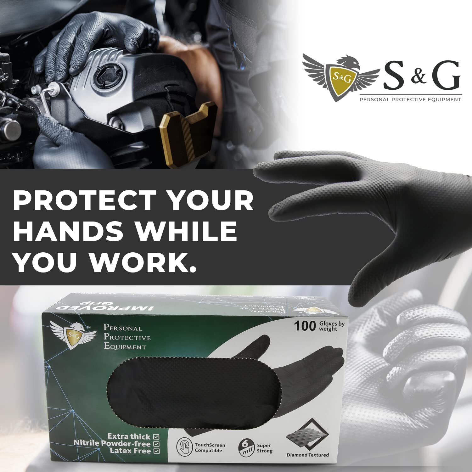 S&G Heavy Duty Black Nitrile Disposable Gloves Powder Latex Free 6 Mil M L XL