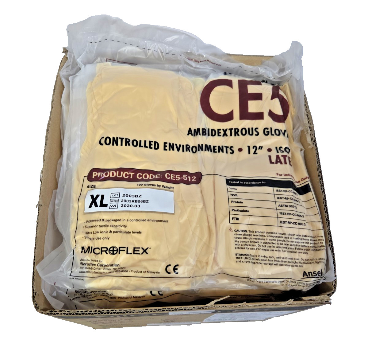 Microflex Powder-Free Latex Ambidextrous Gloves CE5-512-XL Size XL Box of 1000