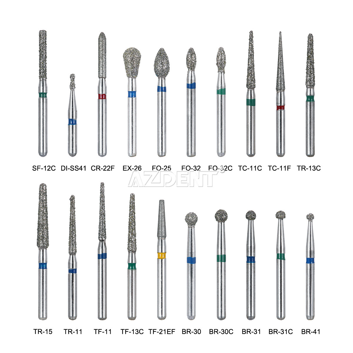 100Pcs AZDENT Dental Diamond Burs High Speed Handpiece Friction Grip 20 Types