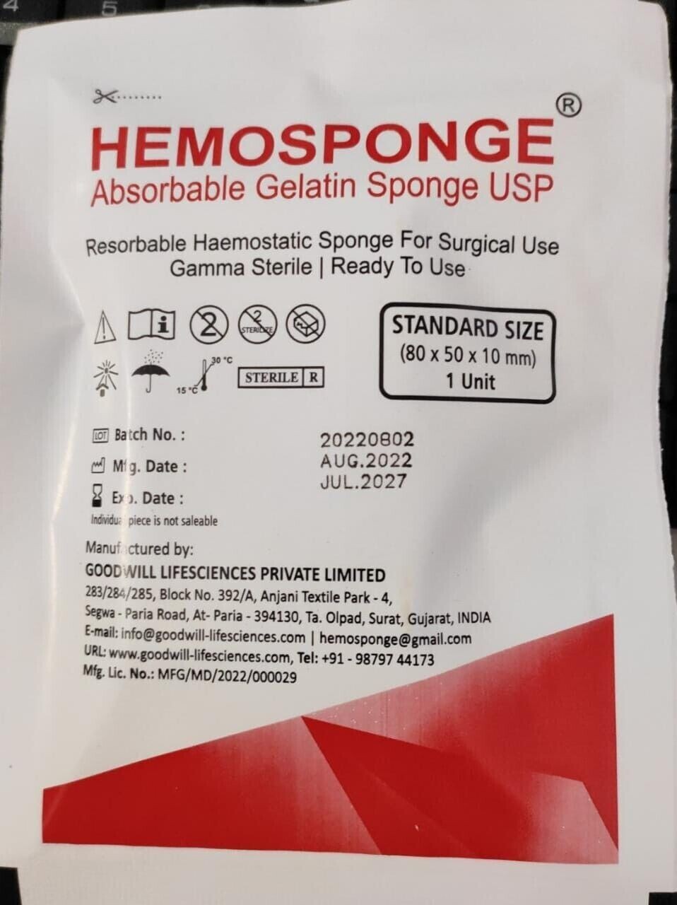 10 Pack Absorbable STERILE Haemostatic Gelatin Sponge 80mm Gelfoam Hemocollagene