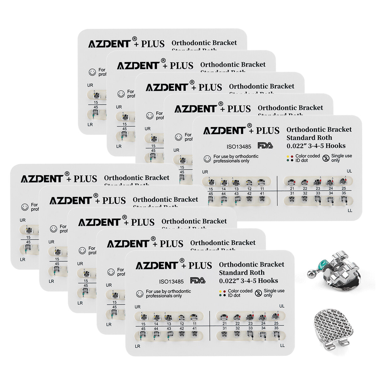 10X AZDENT Plus Dental Orthodontic Brackets Braces Roth.022 Hook 3 4 5 Mesh Base